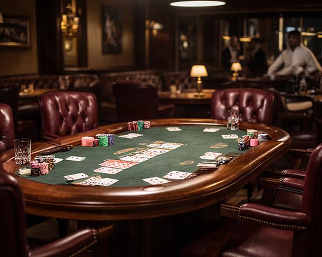 Tavolo da poker in legno massello con sedute in pelle durante una serata tra soci del club